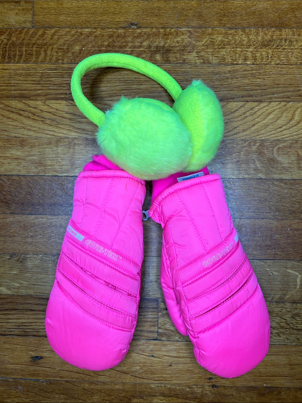 GORE-TEX Kids Bright Pink Mittens with Neon Green Earmuffs